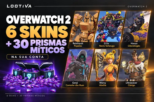 Arte Lootiva: Overwatch 2, 6 skins mais 30 Prismas Míticos na sua conta. Reinhardt Papelão, D.Va Navio Tartaruga, Hanzo Ciberdragão, Genji Corredor das Ruas, Mercy Abelha e Lifeweaver Clérigo.