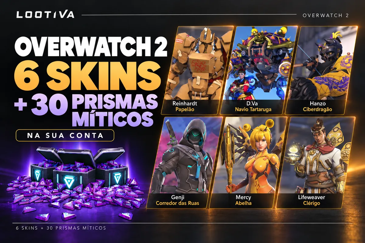 Arte Lootiva: Overwatch 2, 6 skins mais 30 Prismas Míticos na sua conta. Reinhardt Papelão, D.Va Navio Tartaruga, Hanzo Ciberdragão, Genji Corredor das Ruas, Mercy Abelha e Lifeweaver Clérigo.